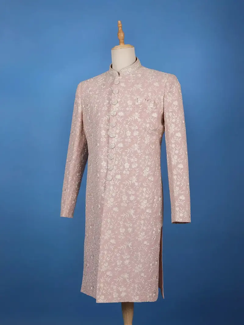 Dusty Pink Floral Embroidered Polyester Sherwani Suit 3