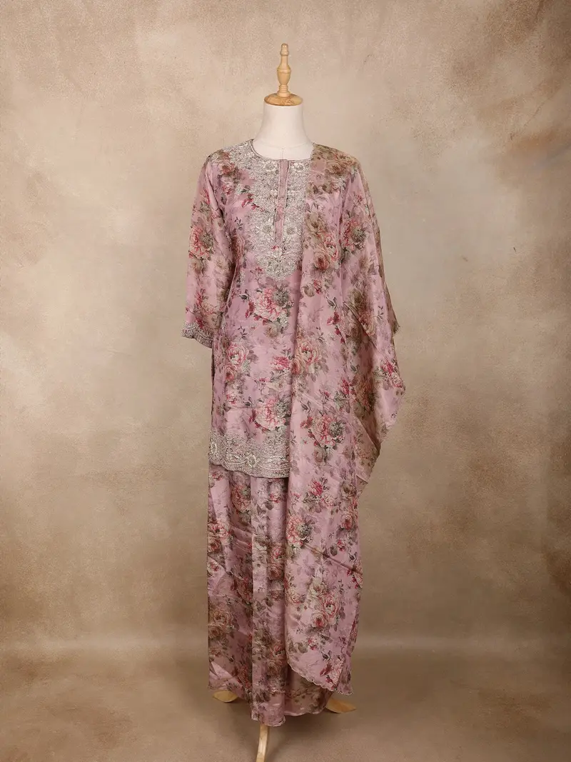 Dusty Pink Floral Printed Design Tissue Palazzo Suit With Dupatta 1