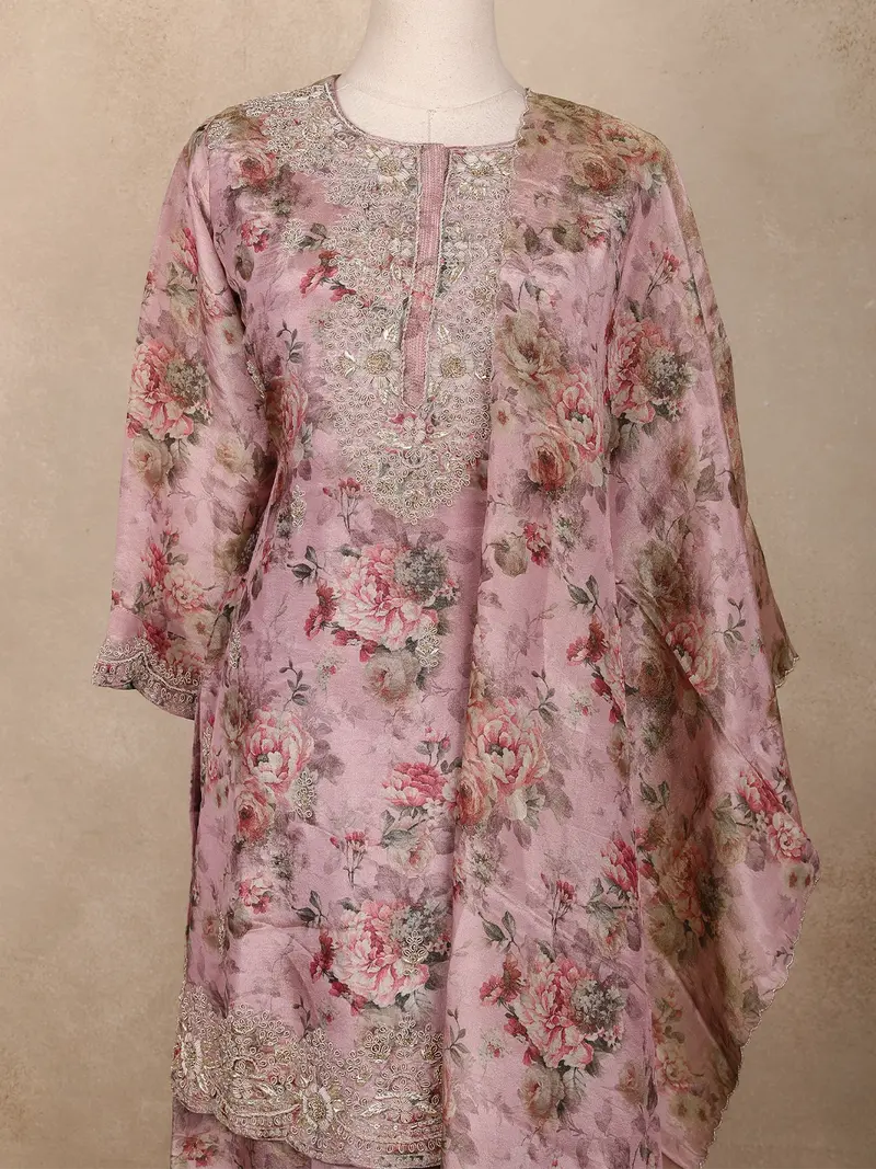 Dusty Pink Floral Printed Design Tissue Palazzo Suit With Dupatta 2