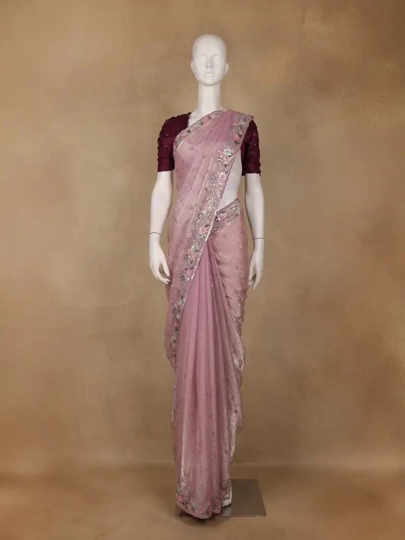 Dusty Pink Floral Sequins Embroidered Organza Saree 1