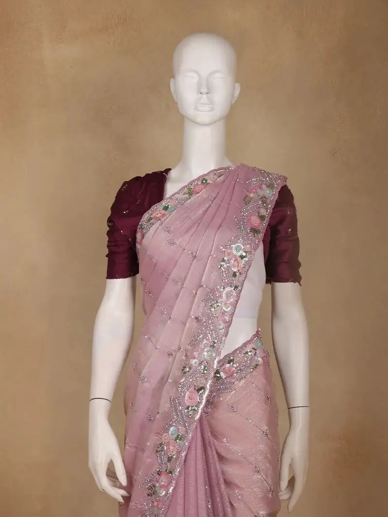 Dusty Pink Floral Sequins Embroidered Organza Saree 2