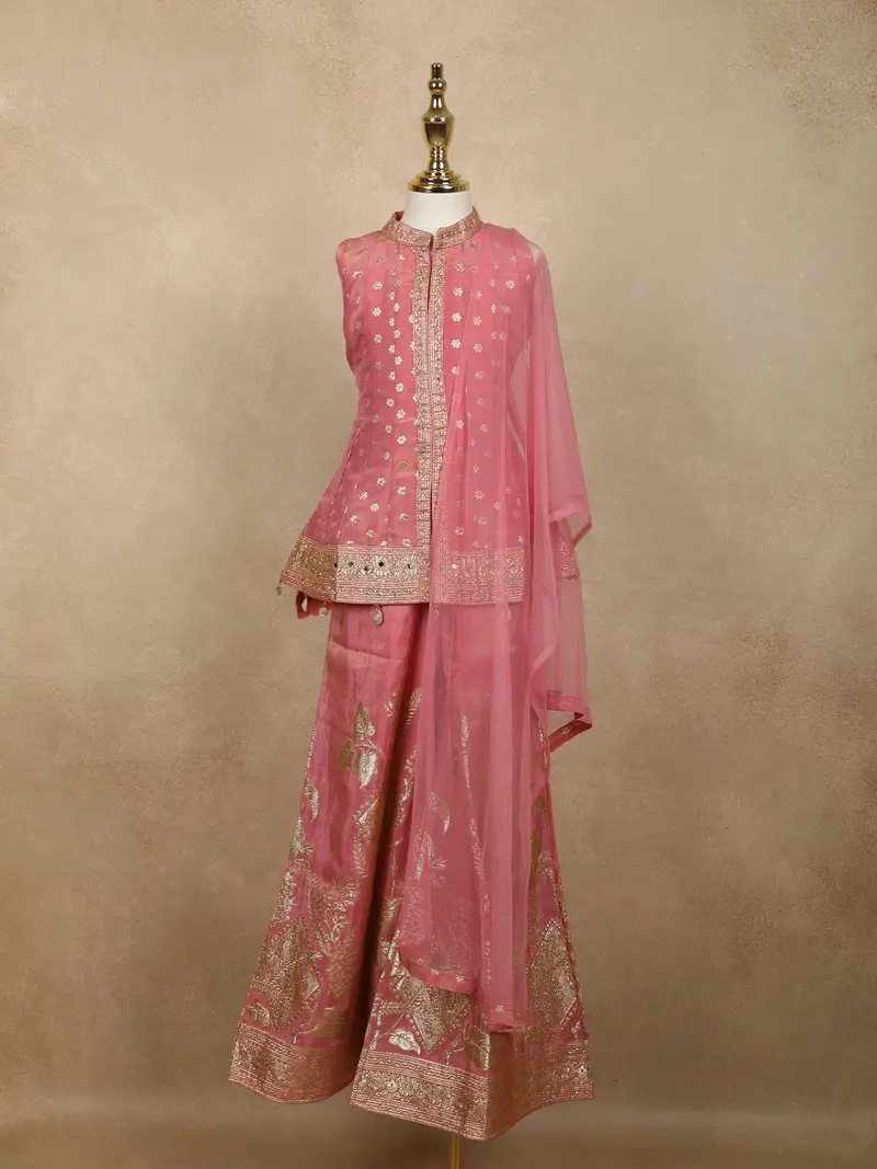 Dusty Pink Floral Zari Embroidered Design Tissue Kids Palazzo Suit With Dupatta 1