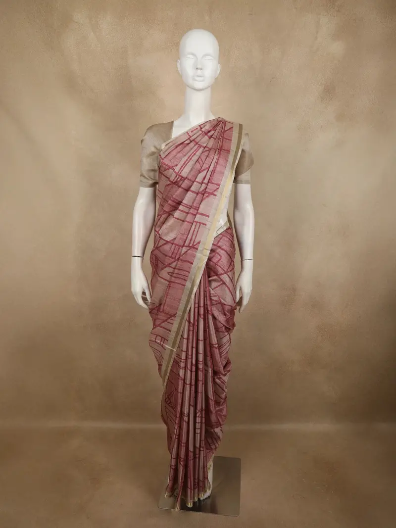 Dusty Pink Geometric Printed Design Tussar Silk Saree With Zari Border 1