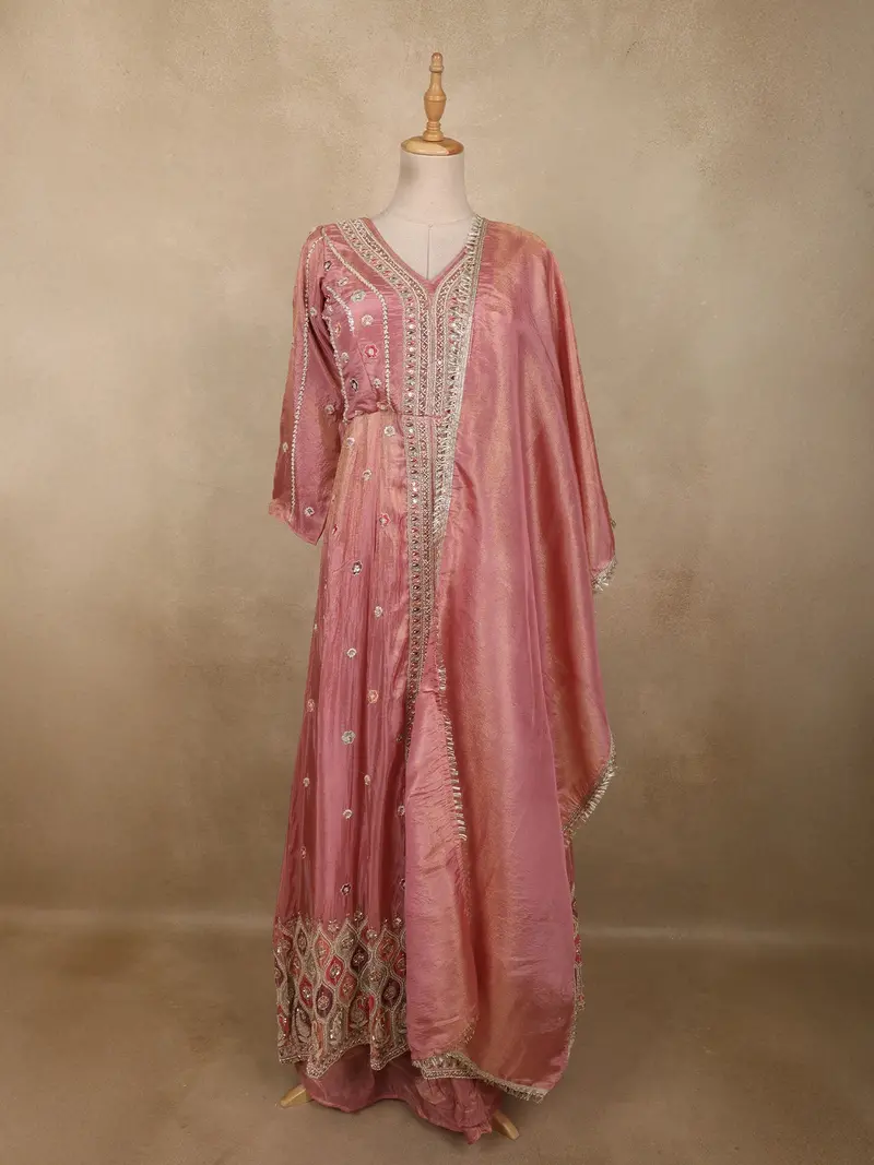 Dusty Pink Heavy Sequins And Beads Embroidered Design Tissue Silk Mastani Lehenga With Dupatta 1