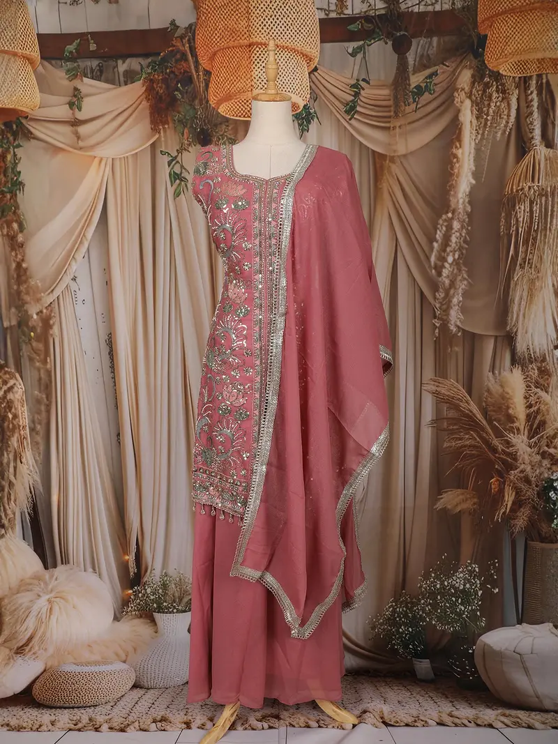 Dusty Pink Mirror Embroidered Design Georgette Palazzo Suit With Dupatta 1