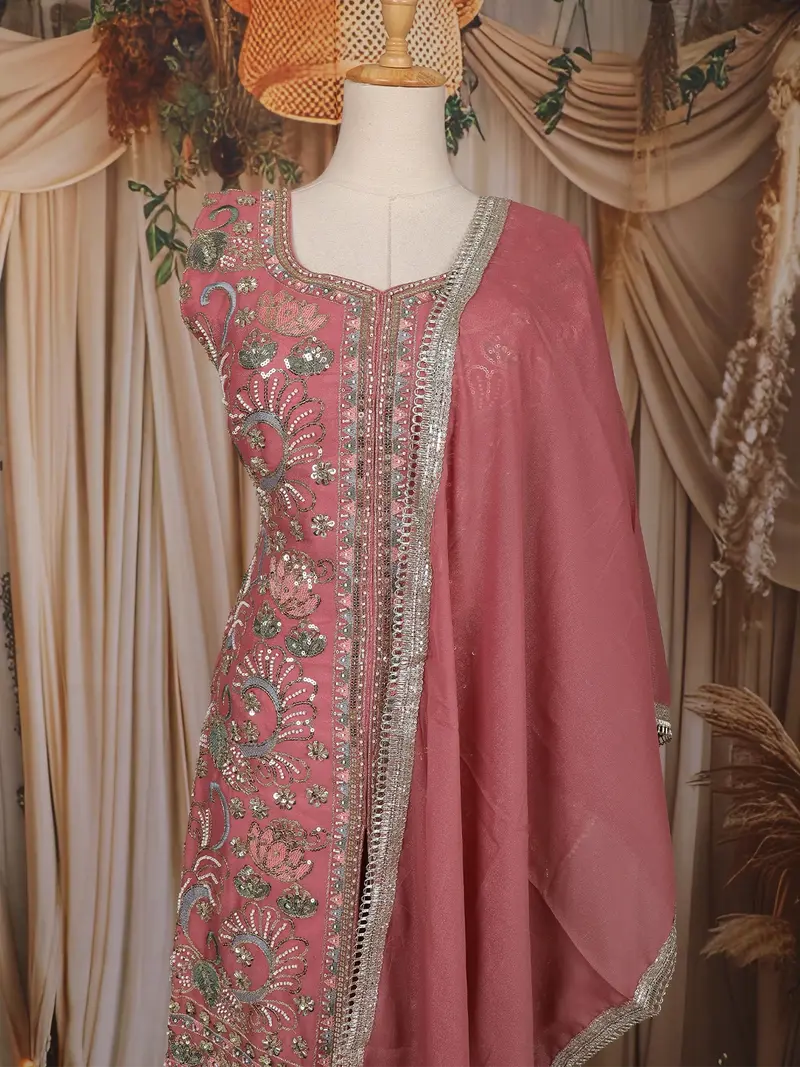 Dusty Pink Mirror Embroidered Design Georgette Palazzo Suit With Dupatta 2