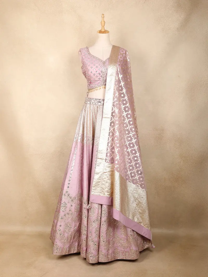 Dusty Pink Mirror Work Banarasi Silk Lehenga Set With Dupatta 1