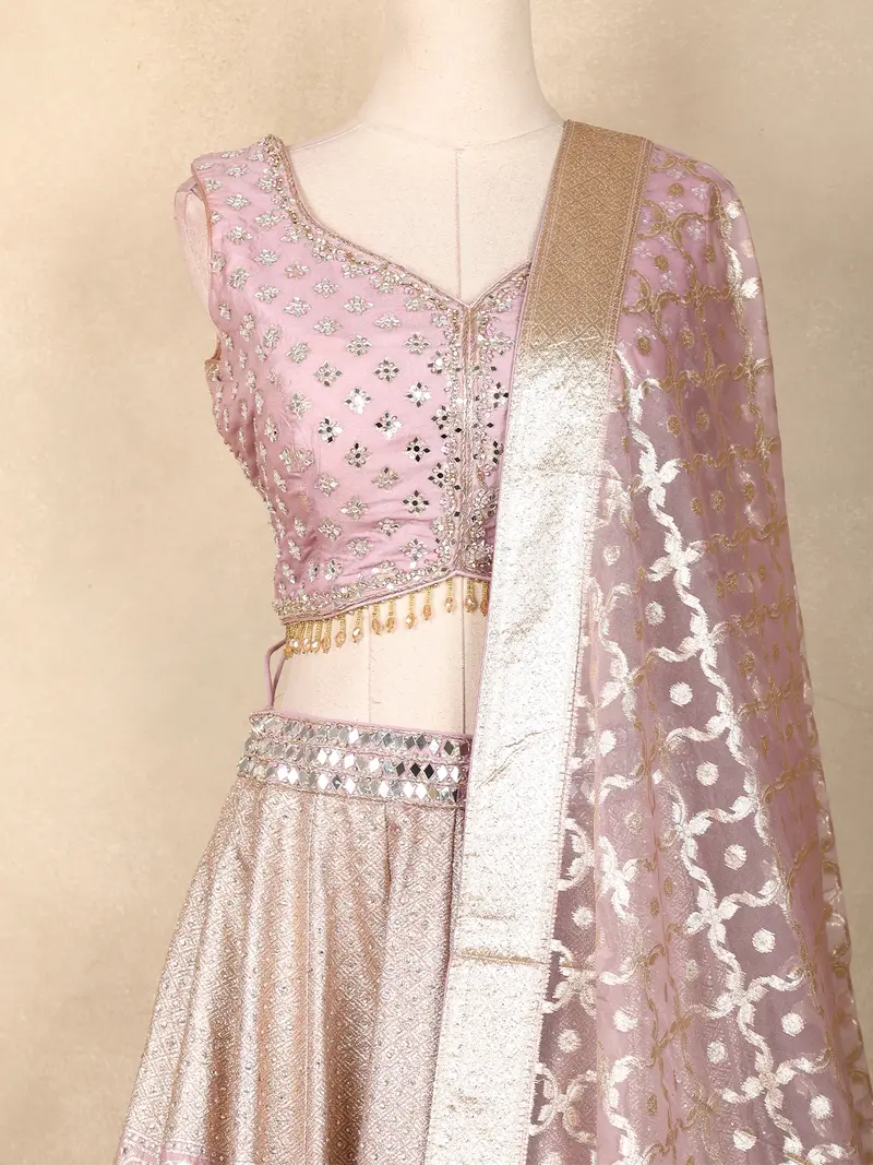 Dusty Pink Mirror Work Banarasi Silk Lehenga Set With Dupatta 2