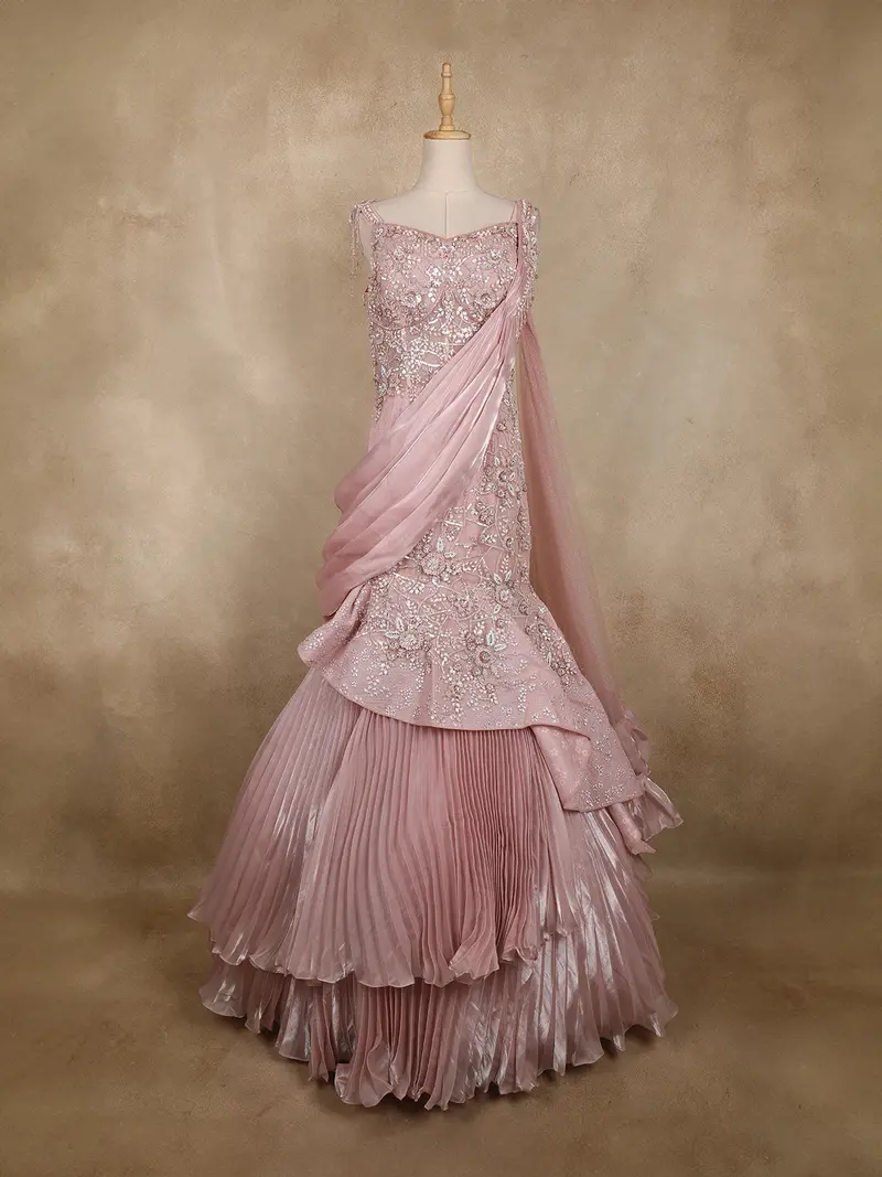 Dusty Pink Sequins And Beads Embellished Design Net Mermaid Gown With Attached Drape 1