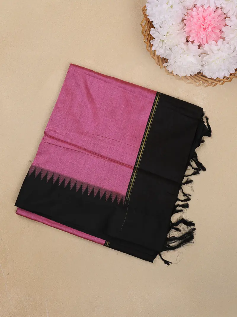 Dusty Pink Solid Design Kalyani Cotton Saree With Contrast Temple Border 1