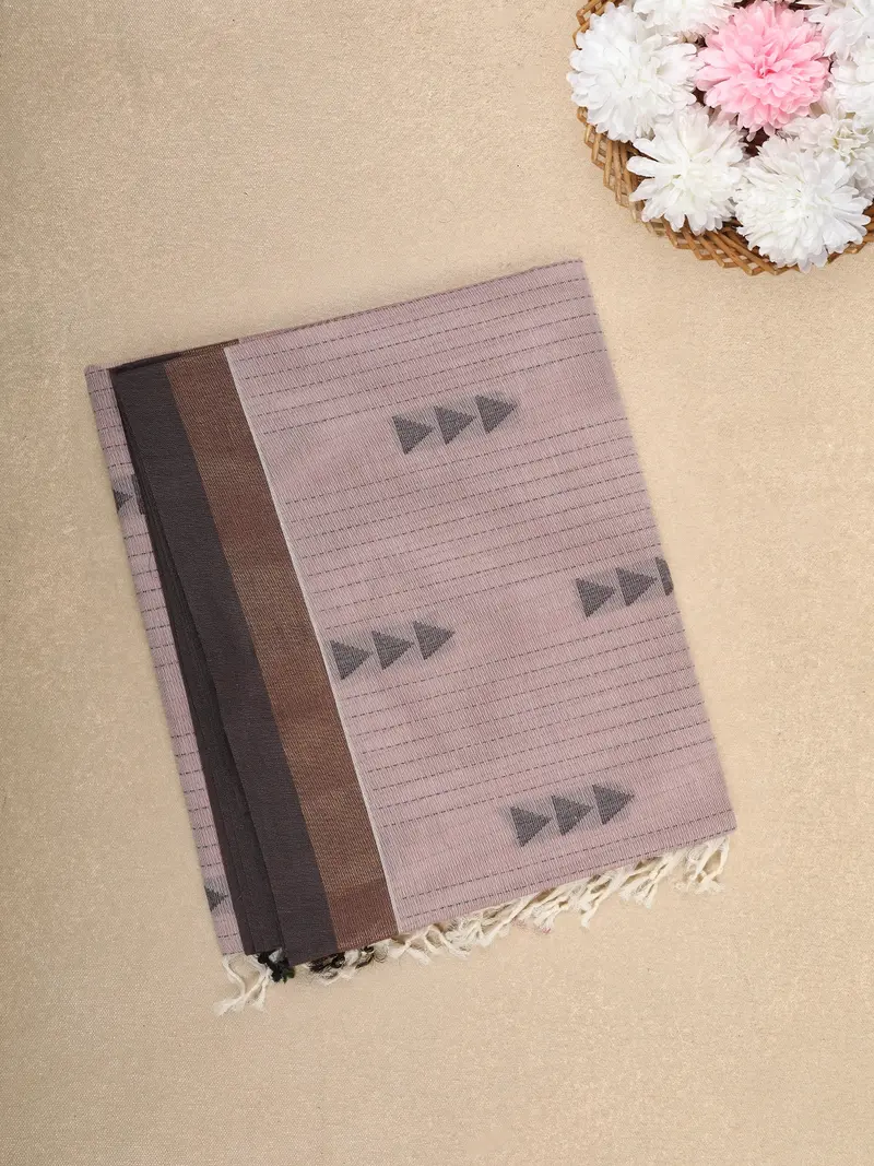 Dusty Pink Triangle Motif Cotton Saree With Contrast Brown Border 1