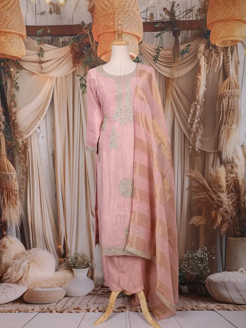 Dusty Pink Zari Embroidered Design Tissue Silk Palazzo Suit 1