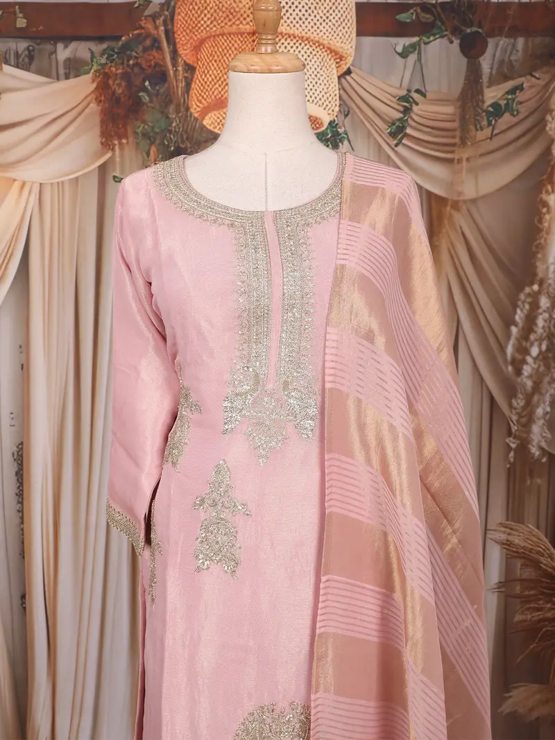 Dusty Pink Zari Embroidered Design Tissue Silk Palazzo Suit 2