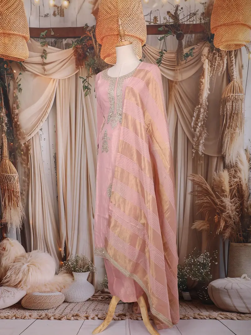 Dusty Pink Zari Embroidered Design Tissue Silk Palazzo Suit 3
