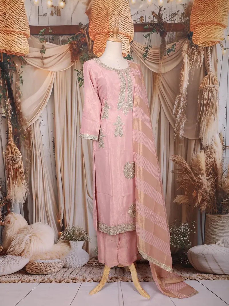 Dusty Pink Zari Embroidered Design Tissue Silk Palazzo Suit 4