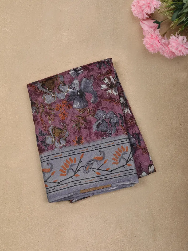 Dusty Plum Purple Floral Printed Design Mixed Cotton Saree With Peacock Border 1