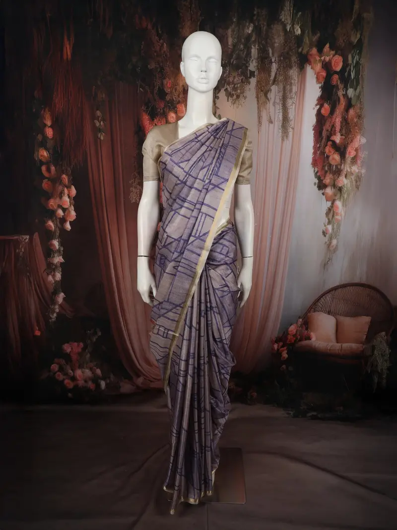 Dusty Purple Geometric Printed Design Tussar Silk Saree With Zari Border 1