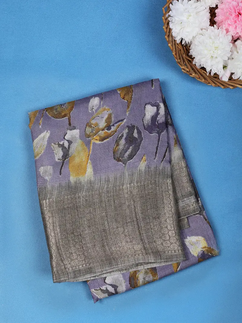 Dusty Purple Leaf Printed  Raw Silk Saree 1