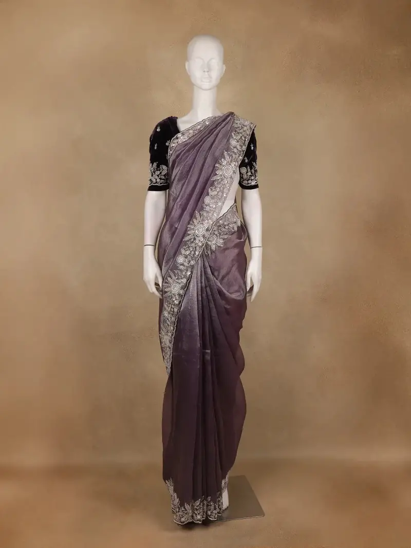 Dusty Purple Organza Saree With Sequin Embroidered Border And Velvet Blouse 1