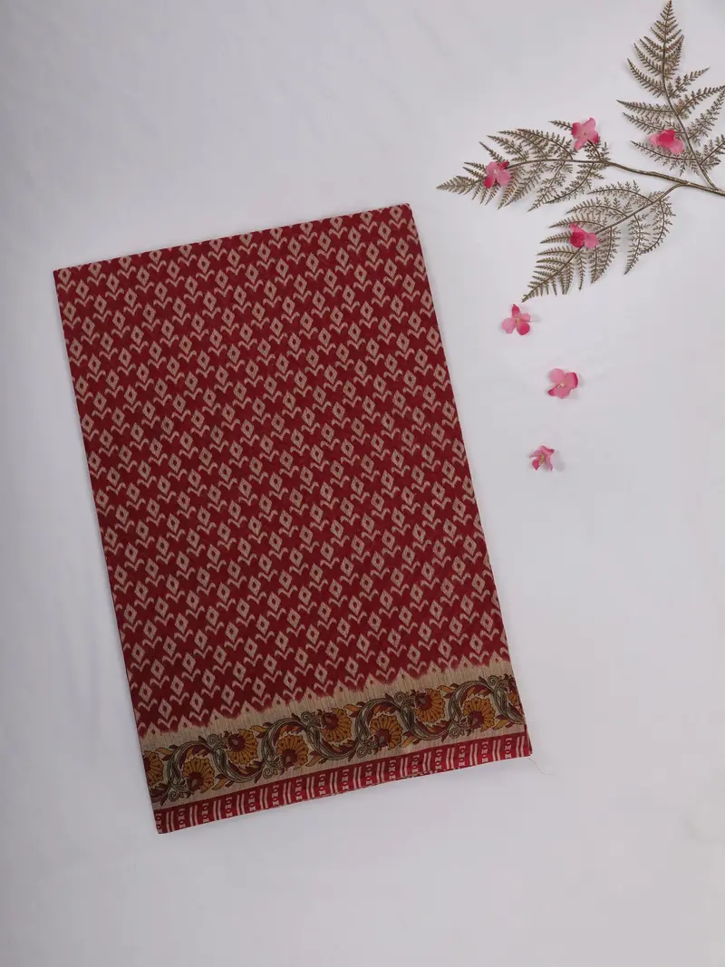 Dusty Red Ikat Printed Design Karishma Cotton Saree 1