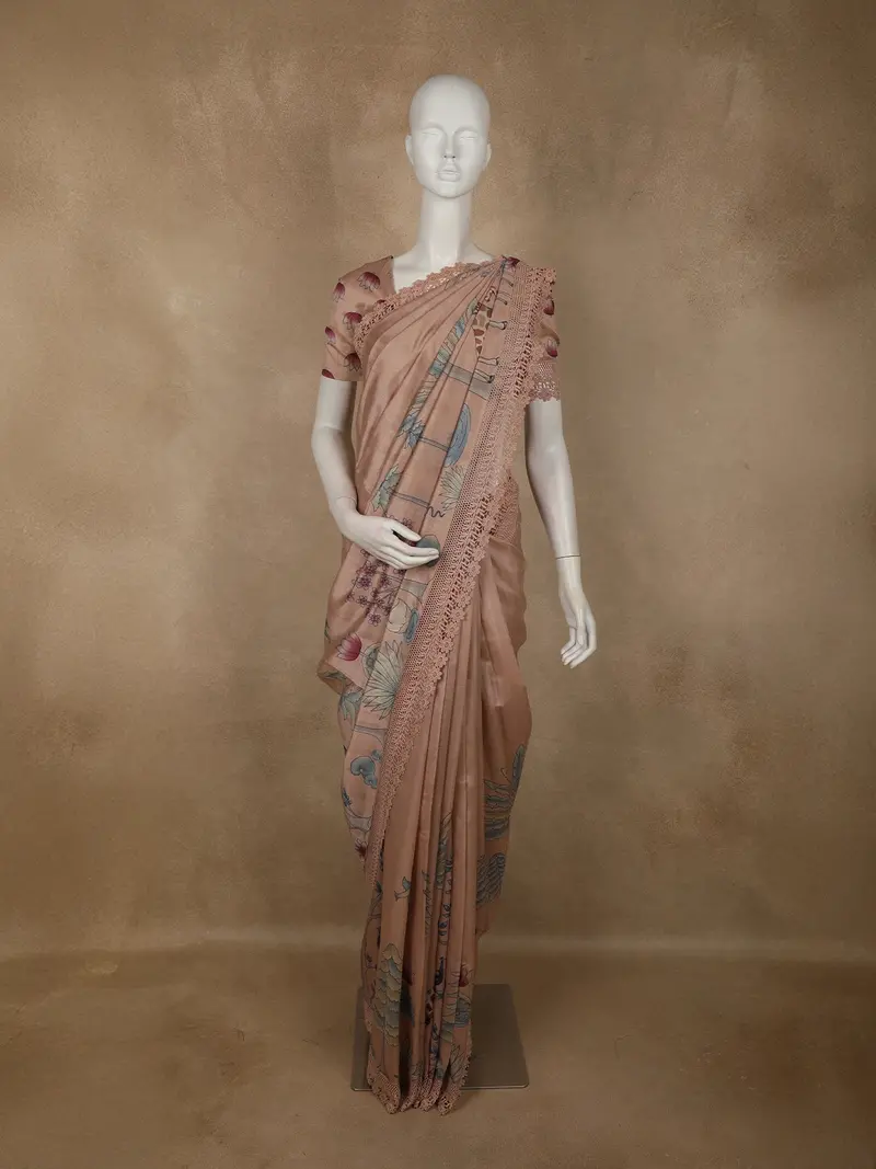 Dusty Rose Animal And Birds Motif Design Tussar Saree With Floral Border 1