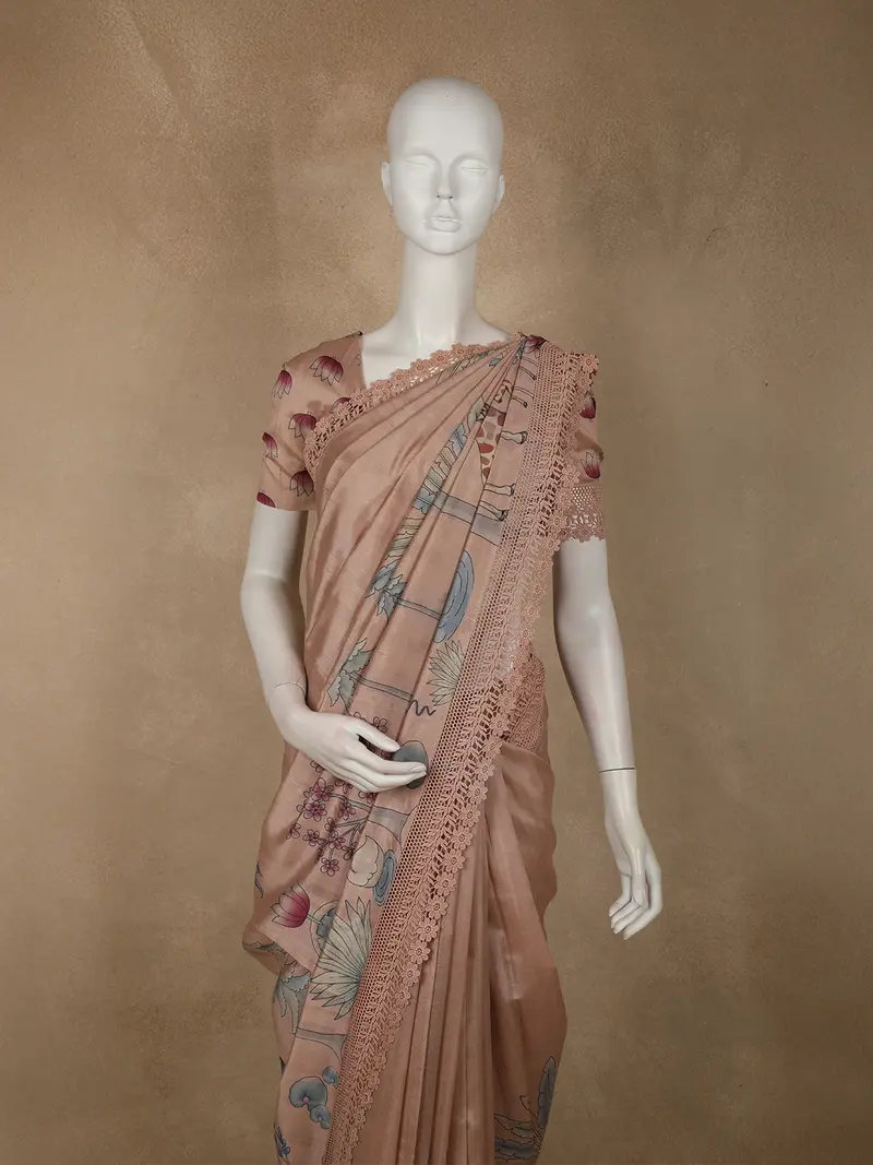 Dusty Rose Animal And Birds Motif Design Tussar Saree With Floral Border 2