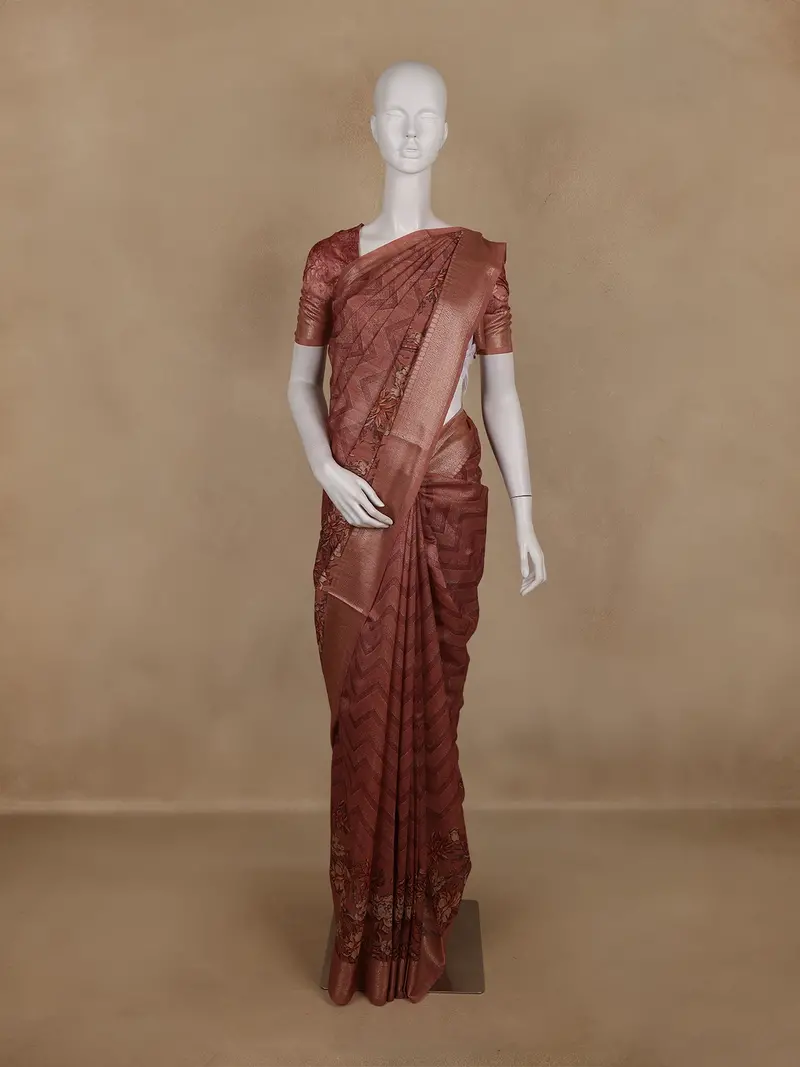 Dusty Rose Brown Geometric  Design Tussar Silk Saree 1