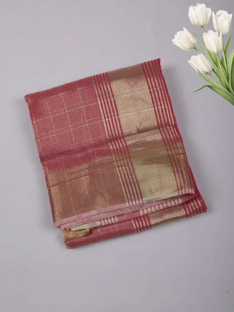 Dusty Rose Checked Woven Tissue Saree With Golden Zari Border 1