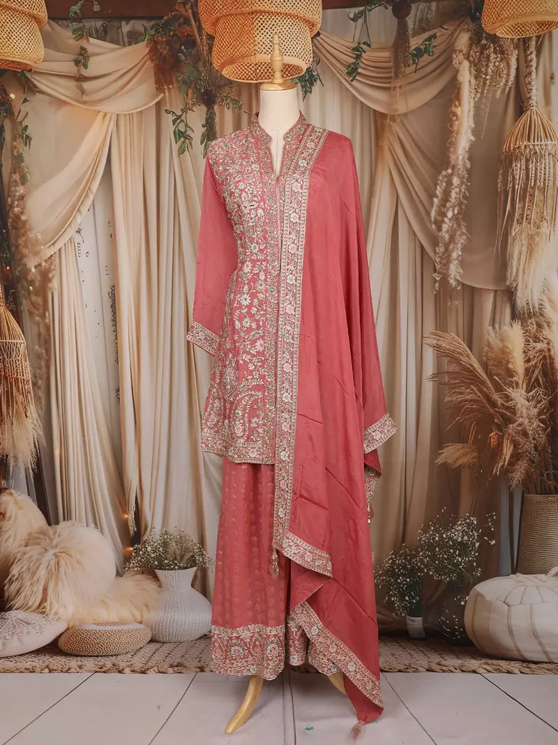 Dusty Rose Floral And Sequins Embroidered Georgette Palazzo Suit 1