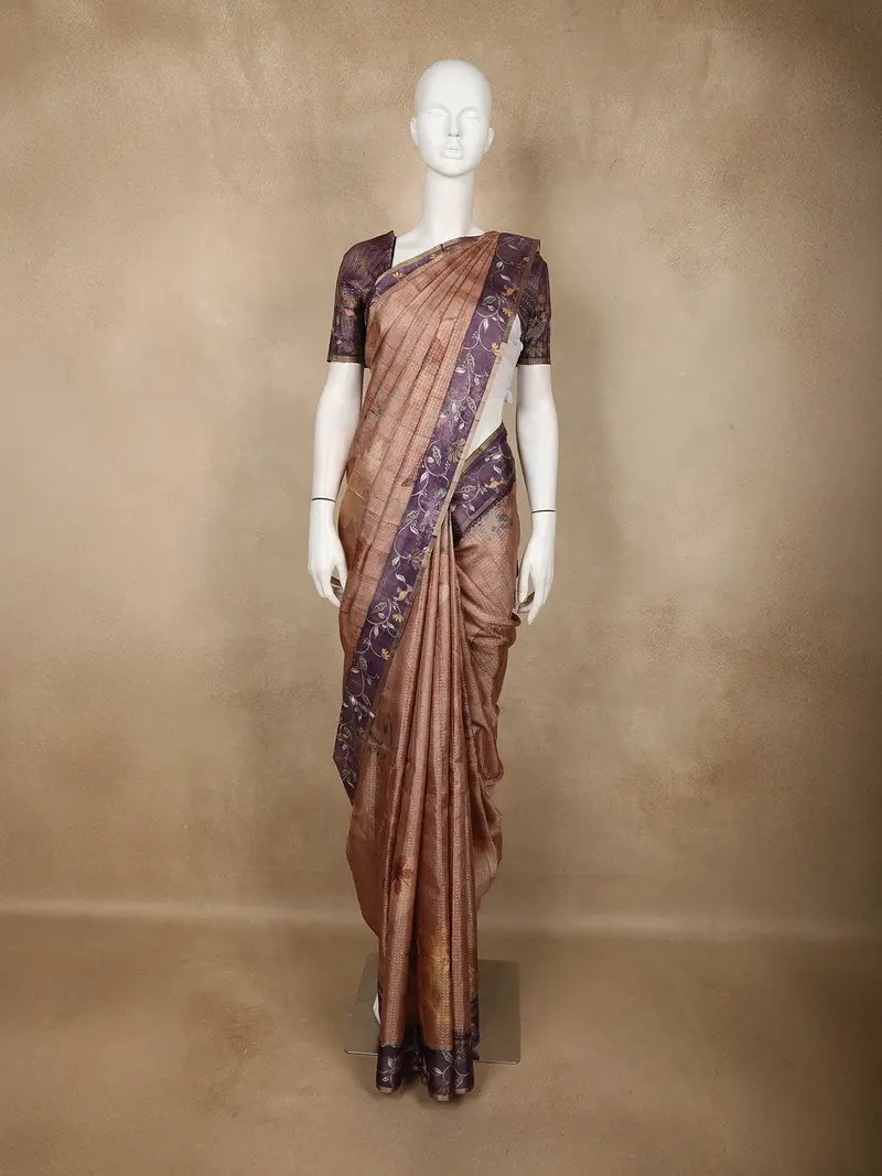 Dusty Rose Floral Design Semi Tussar Saree With Contrast Purple Embroidered Border 1