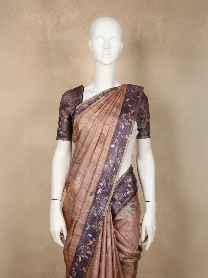 Dusty Rose Floral Design Semi Tussar Saree With Contrast Purple Embroidered Border 2