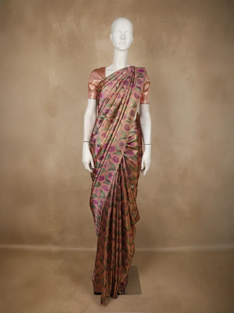 Dusty Rose Floral Design Tissue Silk Saree 1