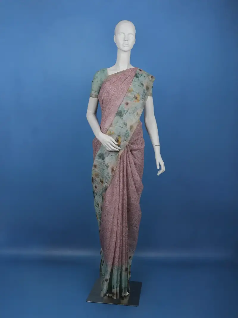 Dusty Rose Floral Design Tussar Silk Saree 1