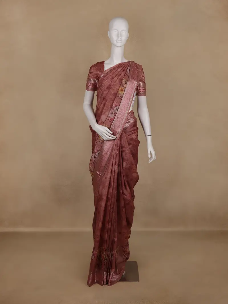 Dusty Rose Floral Design Tussar Silk Saree 1