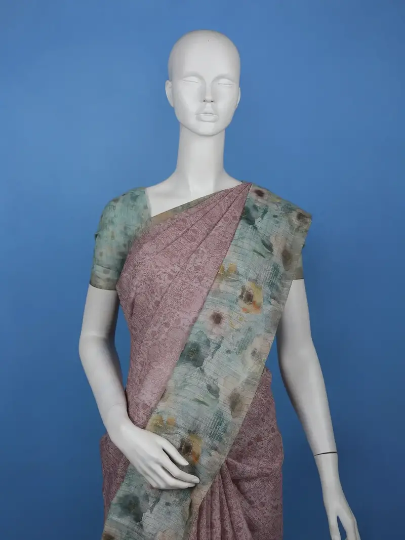 Dusty Rose Floral Design Tussar Silk Saree 2
