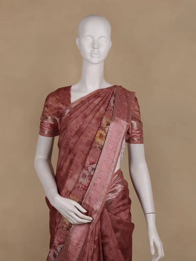Dusty Rose Floral Design Tussar Silk Saree 2