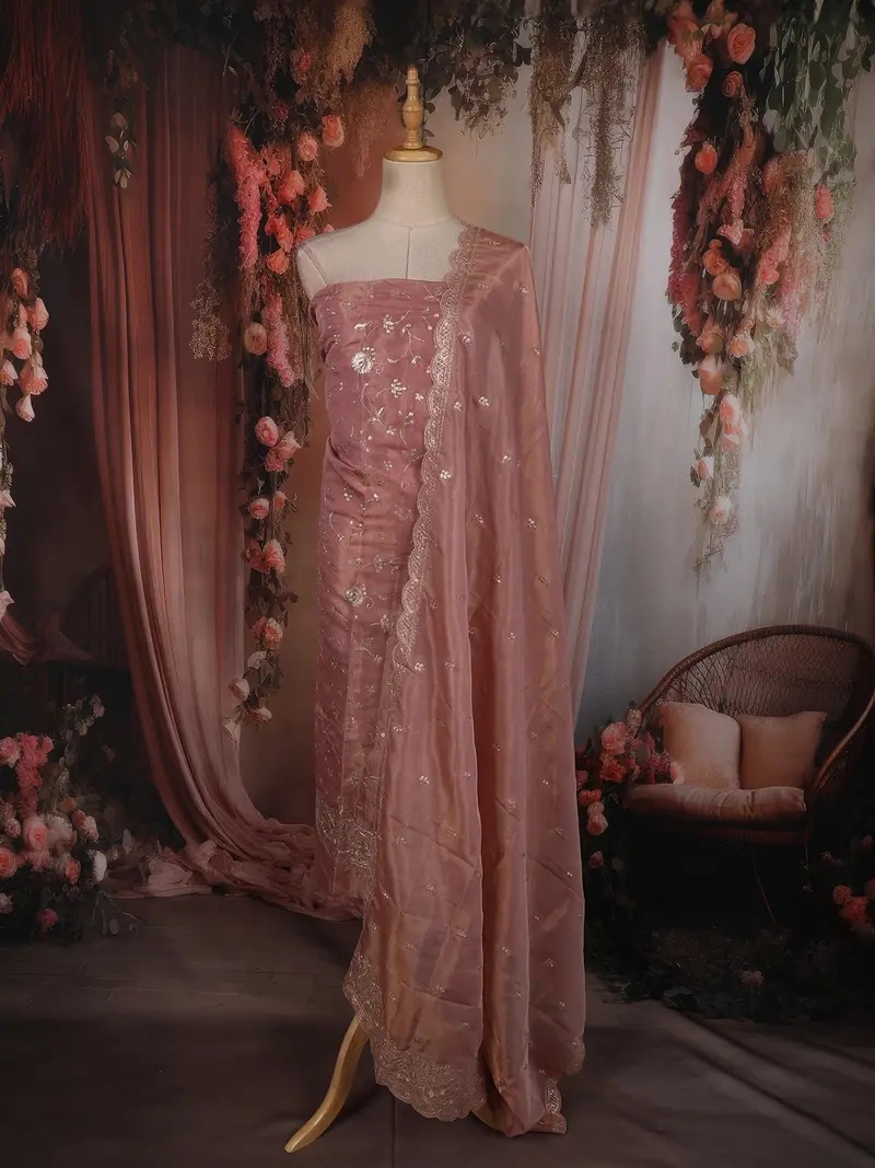 Dusty Rose Floral Zari Embroidered Design Tissue Unstitched Salwar Material With Dupatta 1