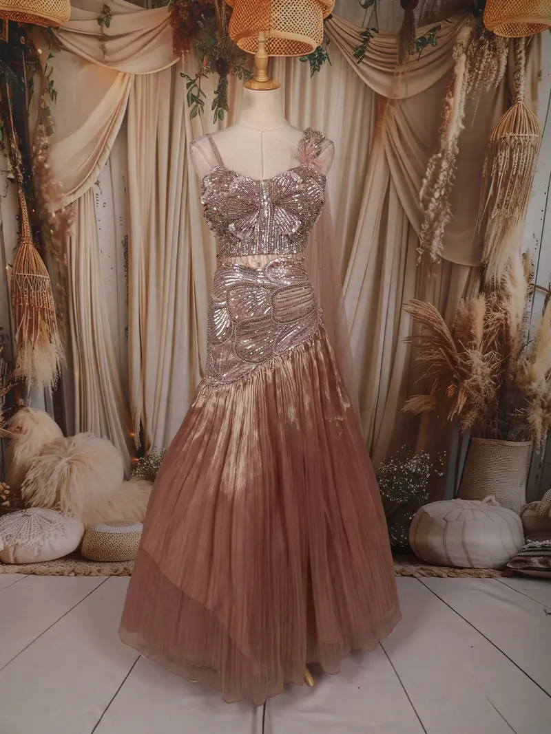 Dusty Rose Gold Heavy Sequins And Beads Embroidered Design Mermaid Tissue Party Lehenga 1
