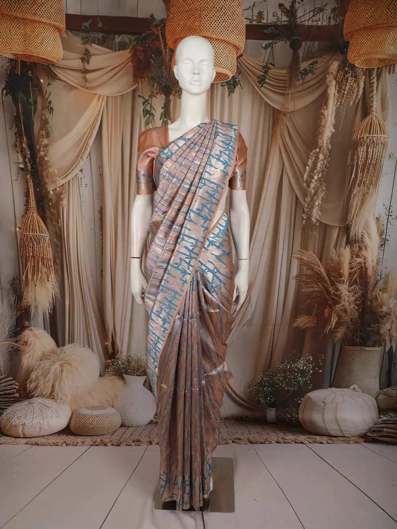 Dusty Rose Gold Striped Woven Design Tussar Saree With Zari Border 1
