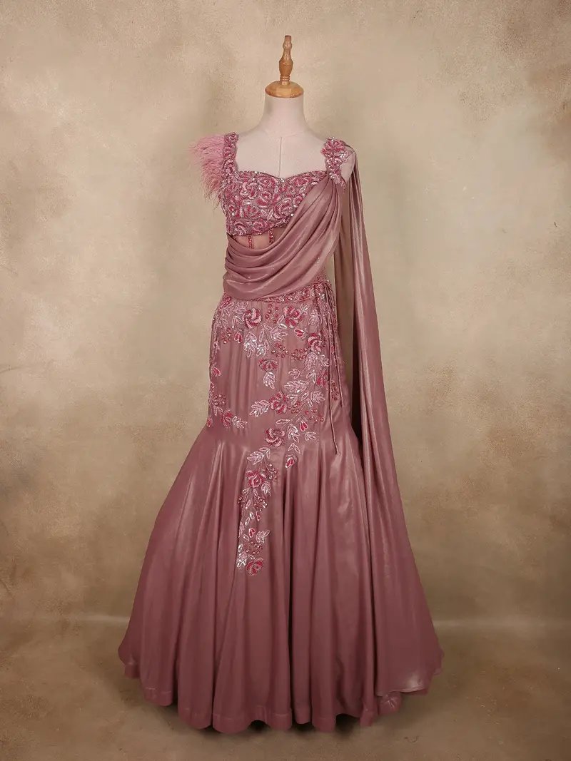 Dusty Rose Mauve Floral Sequins And Beads Embroidered Design Mermaid Organza Lehenga 1