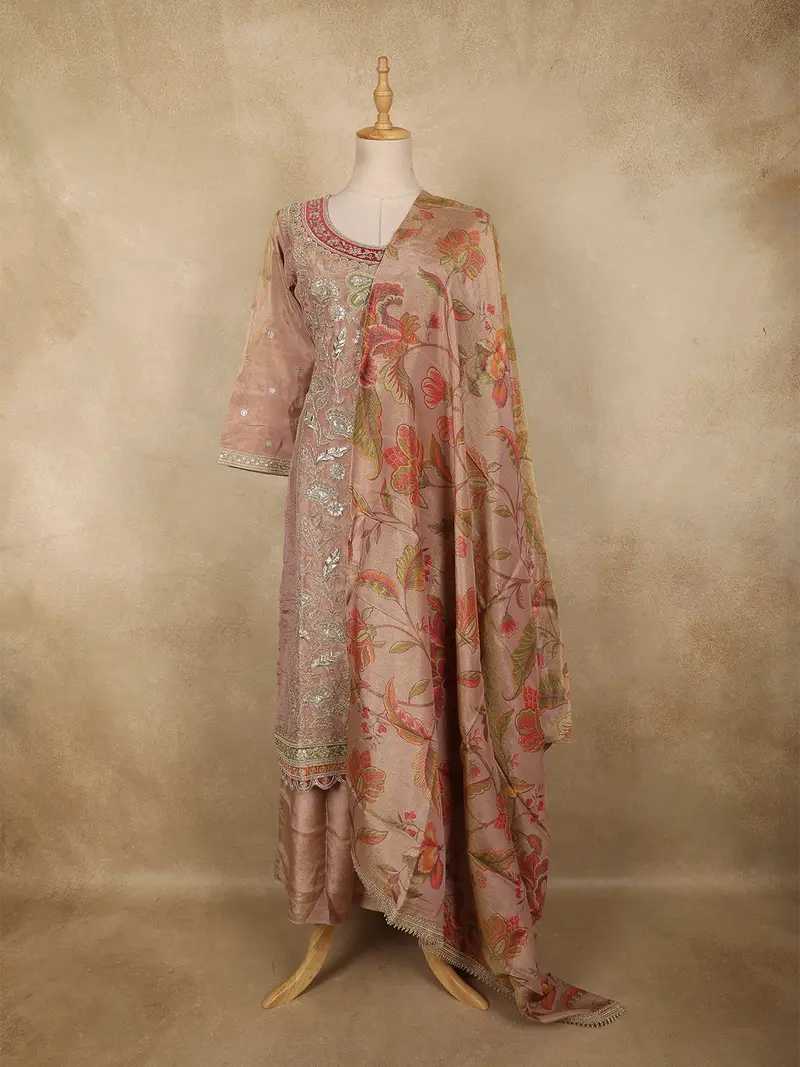 Dusty Rose Mauve Floral Zari Embroidered Design Tissue Silk Palazzo Suit With Dupatta 1