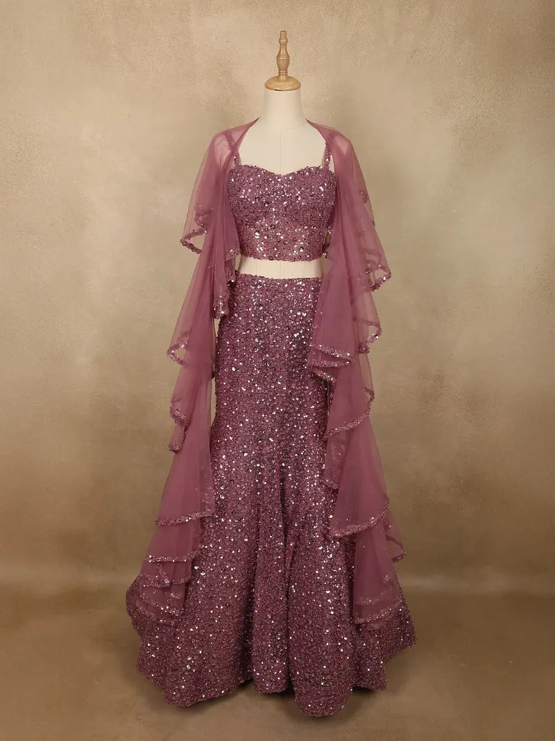 Dusty Rose Mauve Heavy Sequins Embroidered Design Net Mermaid Lehenga With Layered Ruffle Dupatta 1