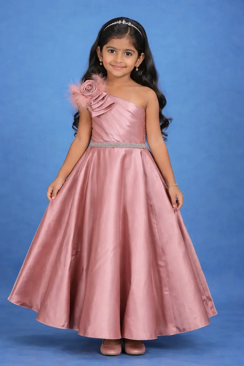 Dusty Rose One-Shoulder Floral Satin Kids Gown With Feather Detail 1