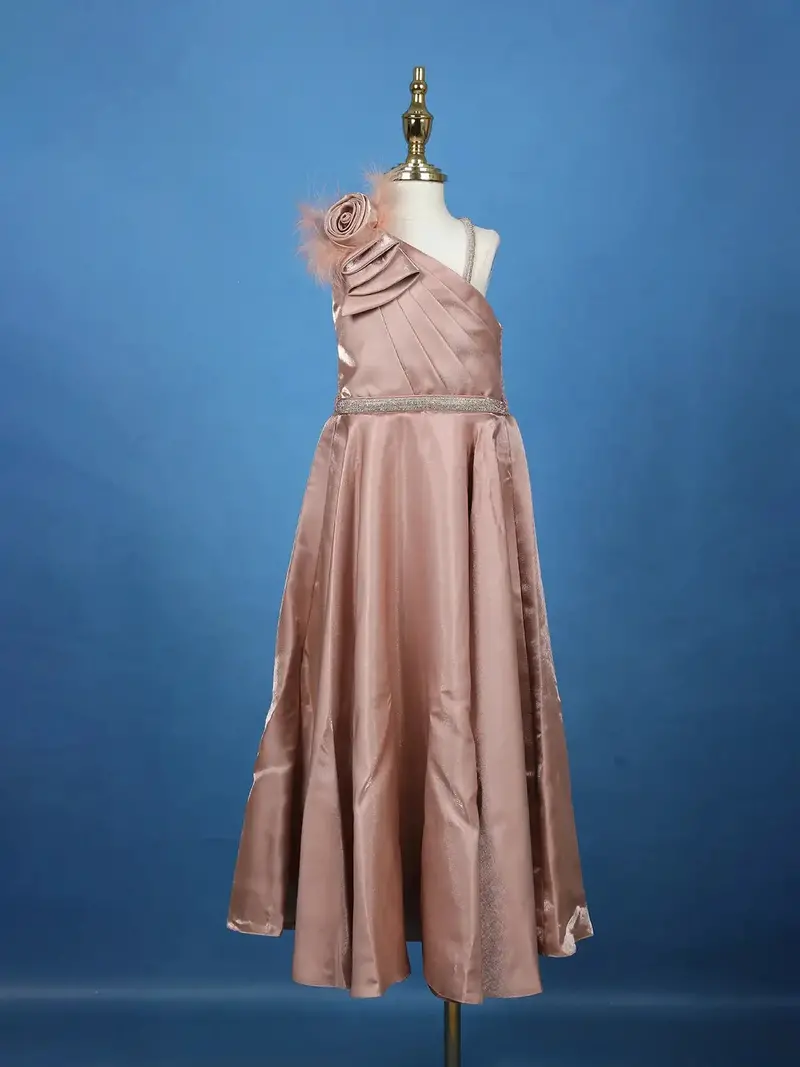 Dusty Rose One-Shoulder Floral Satin Kids Gown With Feather Detail 2