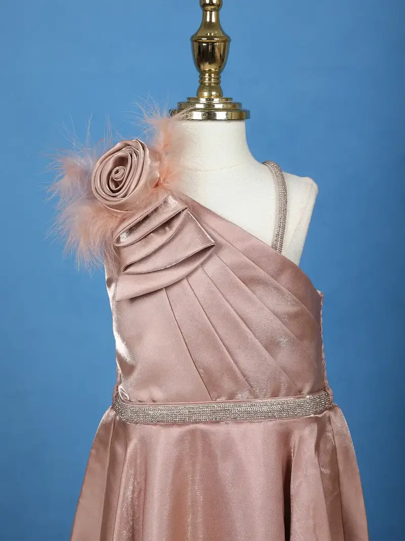 Dusty Rose One-Shoulder Floral Satin Kids Gown With Feather Detail 3