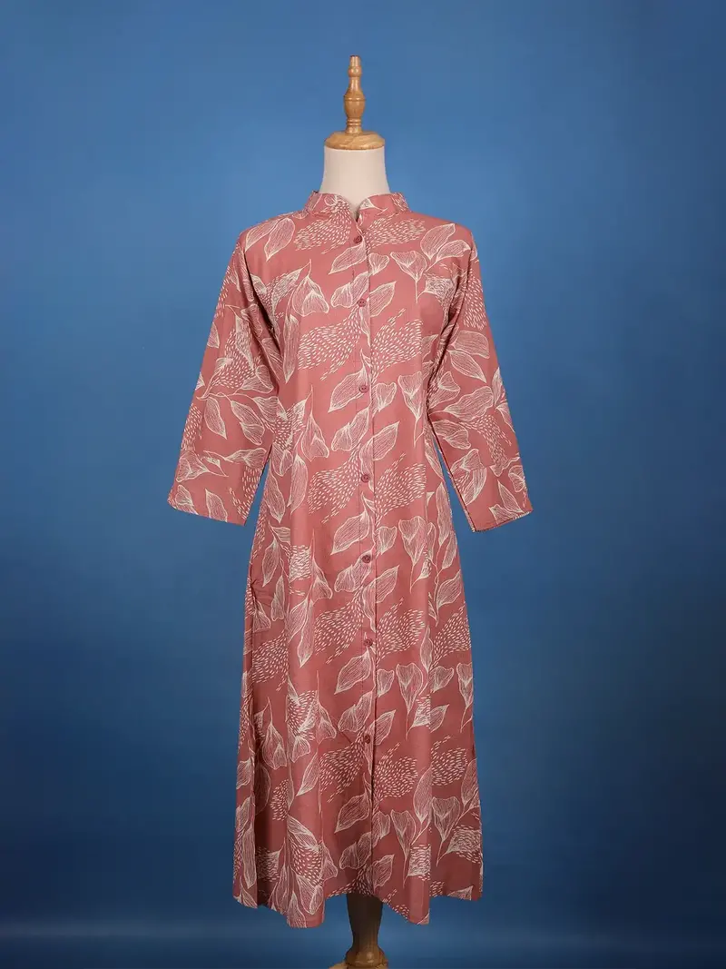 Dusty Rose Pink A-Line Leaf Printed Cotton Kurti 1