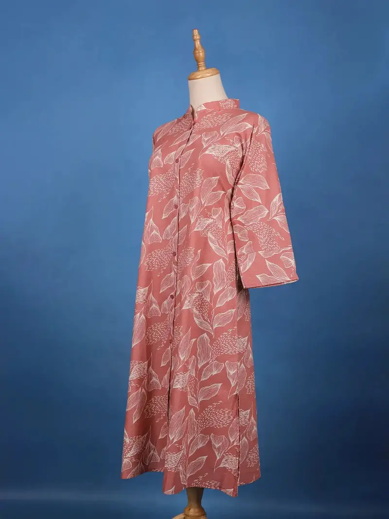 Dusty Rose Pink A-Line Leaf Printed Cotton Kurti 2