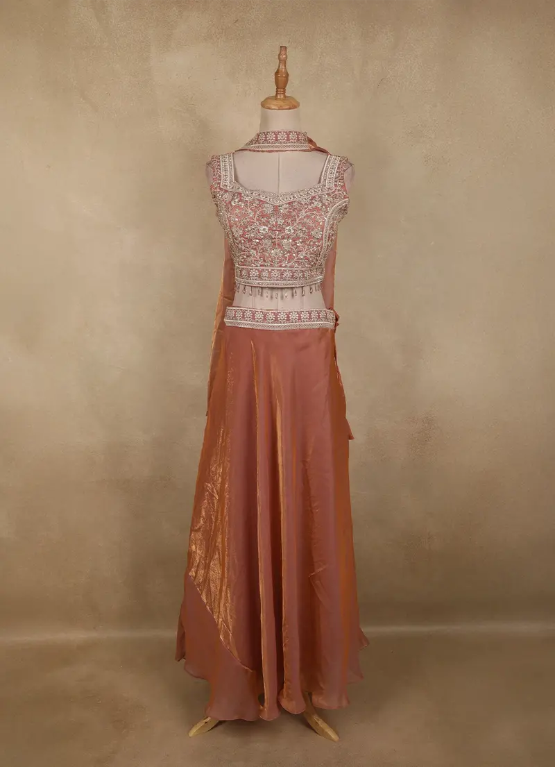 Dusty Rose Pink Beads Embroidered Design Organza Palazzo Suit With Dupatta 1