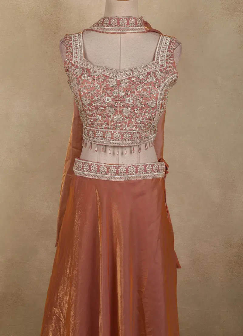Dusty Rose Pink Beads Embroidered Design Organza Palazzo Suit With Dupatta 2