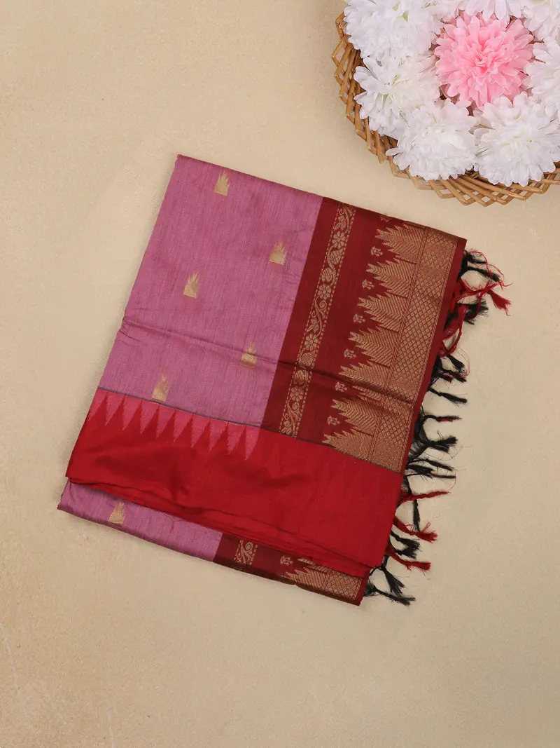 Dusty Rose Pink Butta Woven Design Kalyani Cotton Saree With Temple Border 1